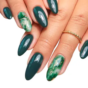 Press Nails Almond Green Emerald Design Fake Nails - Spring Nails Glue on Nails False Nails for Women Manicure, 24Pcs Acrylic Press Nails