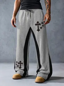 Patchwork Cross Star Print Wide Leg Sweatpants, Streetwear Cool Style, Slimming Versatile, Suitable for Multiple Occasions