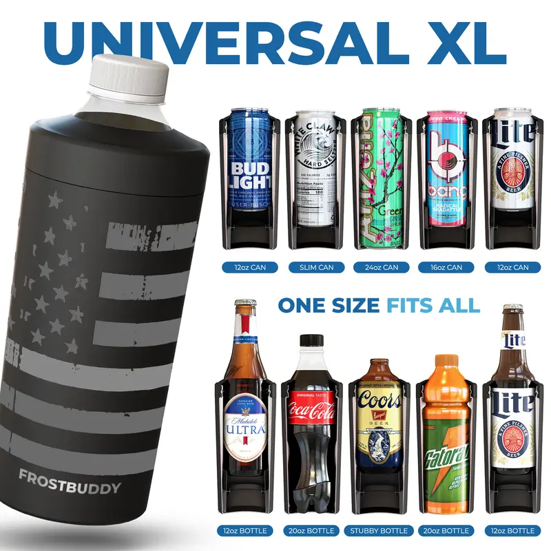 Universal XL Can Cooler - Made to fit almost every 12-24oz can and bottle - Stainless Steel Vacuum Sealed
