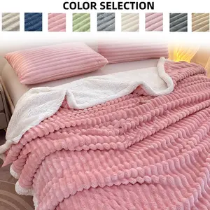 Plush Soft Lamb Fur Blanket, King Queen Size, Reversible Double Layer Striped, No Shedding, Perfect for Nap Blanket