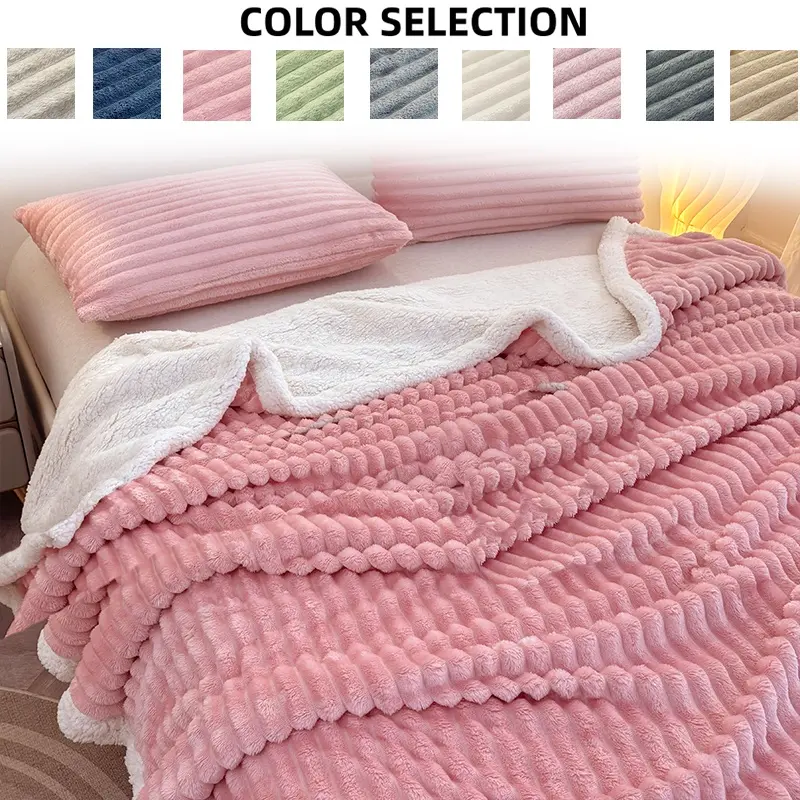Plush Soft Lamb Fur Blanket, King Queen Size, Reversible Double Layer Striped, No Shedding, Perfect for Nap Blanket, Cozy Blankets