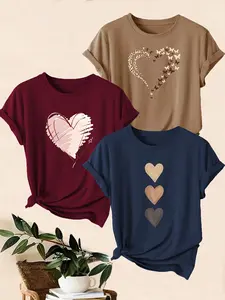 Women's 3-Piece Heart Print Casual Sporty Round Neck Short Sleeve T-Shirt, Versatile Fashion Top, Must-Have for Fashion Lovers