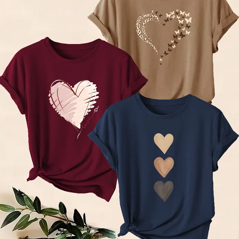 Women's 3-Piece Heart Print Casual Sporty Everyday Fit Round Neck Short Sleeve T-Shirt, Versatile Fashion Top, Must-Have for Fashion Lovers, Womenswear, Lady, Casual Tee Tops