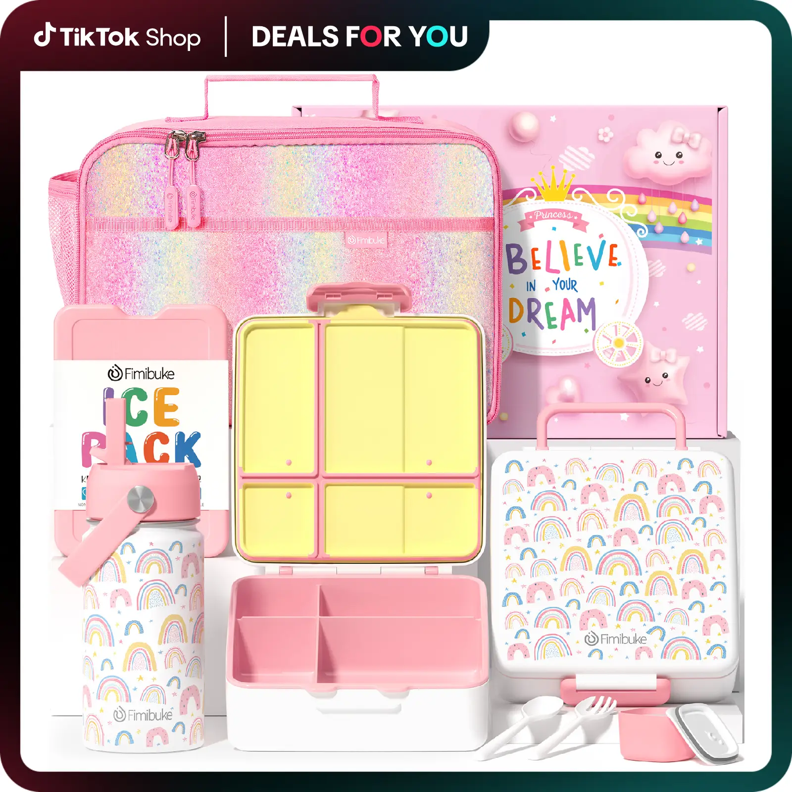 Fimibuke Bento Lunch Box,BPA Free&Leakproof Lunch box with 4 Compartments, Insulated lunch Bag, Stainless Steel Insulated Water Bottle, Ice Pack & Ute