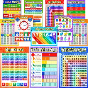 12 Pieces Educational Math Posters for Kids with 80 Glue Point Dot for Elementary and Middle School Classroom Teach Multiplication