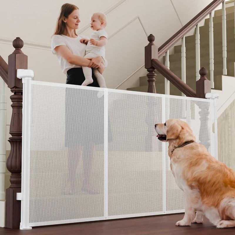 Retractable Baby Gates for Stairs, 55" Wide Baby Gate Dog Gate, 41" Tall Retractable Pet Gate for Doorways, Child Safety Gates Mesh Gate with Fiberglass Rods for Stairways, Hallways, Indoor/Outdoor