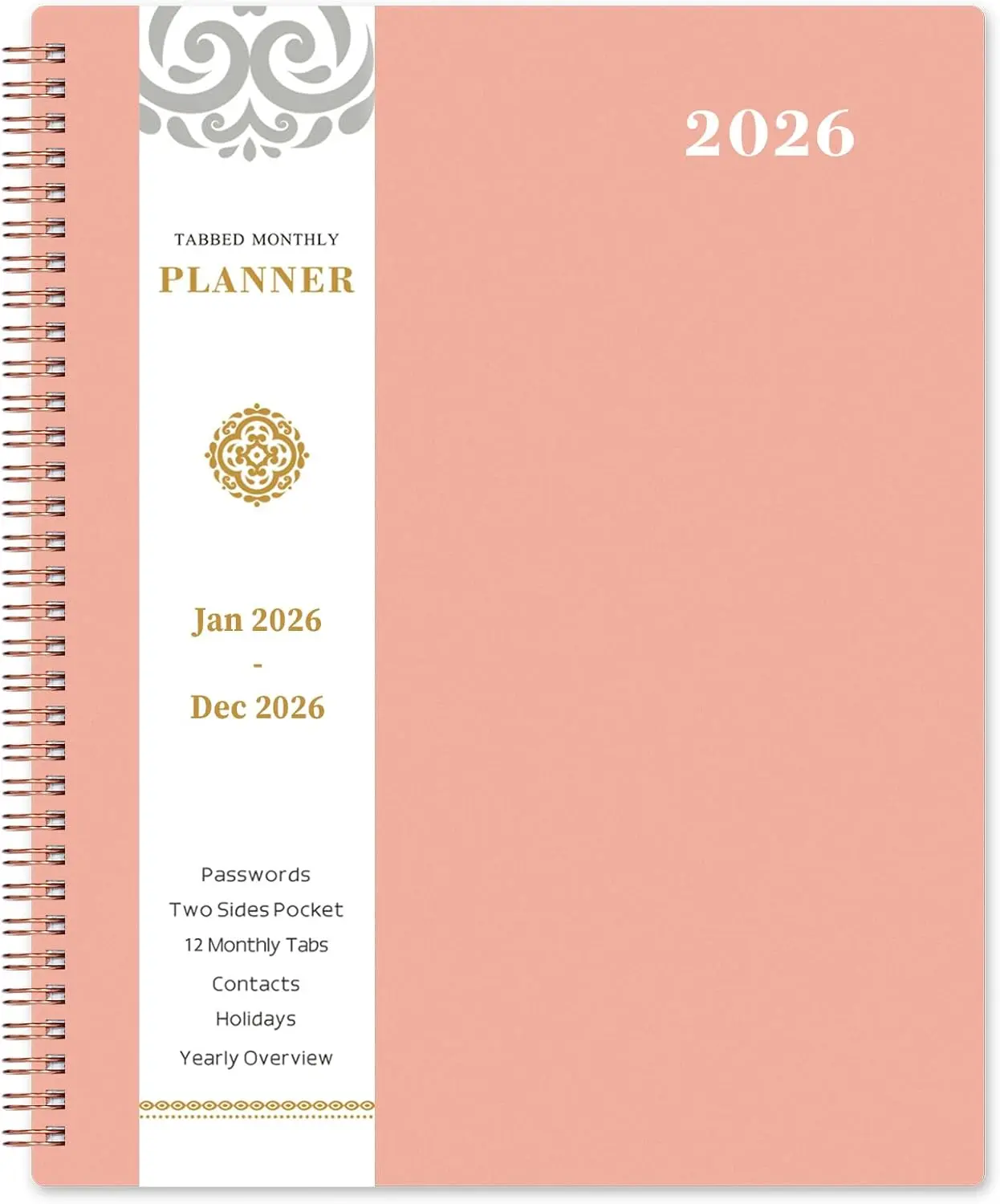 2026 Monthly Planner - Monthly Planner 2026, Jan. 2026 - Dec. 2026, 9" x 11", 12-Month Planner, Tabs & Pocket, -Wire Binding - Rosy