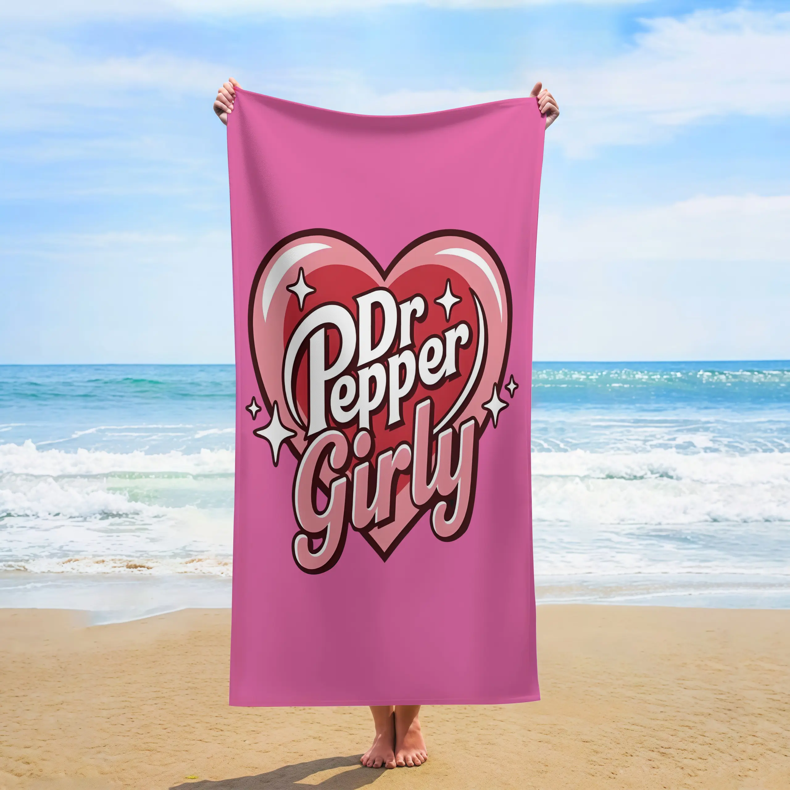 Dr Pepper Girly Pink Heart Sparkle Beach Towel  Coquette Soda Lover Quick Dry Towel Summer Gift For Women