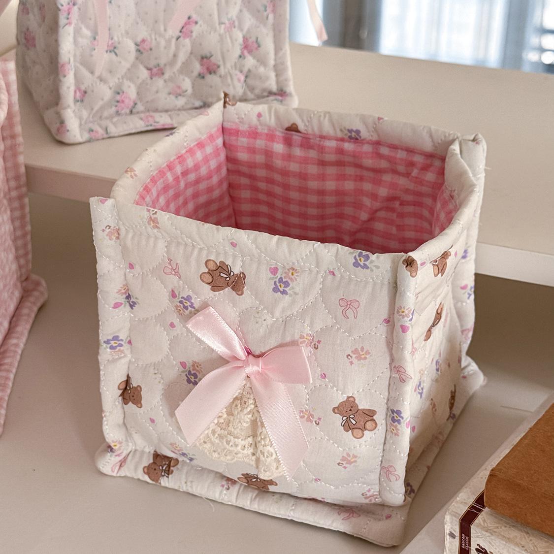 Bow stitched desktop storage box, small bear floral fabric storage basket, girly cosmetics organizer
