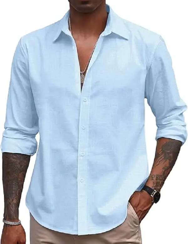 COOFANDY Men's Linen Long Sleeve Button Down Shirts Casual Business Dress Shirt Collar Cotton Menswear