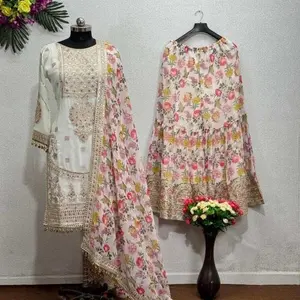 FASHIONABLE CHINON SILK CHINE SEQUENCE WORK TOP SHARARA WITH DUPATTA