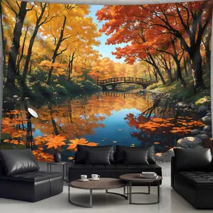 1pc Large Autumn Forest Lake Tapestry - Vibrant Fall Foliage Scene with Bridge & Chequered Sofa, Polyester Wall Hanging for Living Room, Bedroom, Dorm - Ideal Birthday Gift, Party Decor with Free Hanging Clips, Bedroom Decor