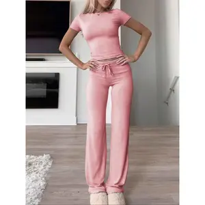 Women's Solid Short Sleeve Tee & Pants Two Piece Set, Casual  Subtle Flexibility Comfortable Fabric Round Neck Crop Top & Drawstring High Waist Trousers for Daily Wear,  Ladies Fall Matching Sets Going Out, Fall Outfits Black Girl loungewear