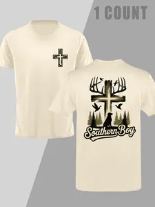 Southern Charm Fishing Shirt, Camo Cross Deer Antlers & Bass Print, Casual Round Neck Unisex Summer Top, Comfortable Fitted Design