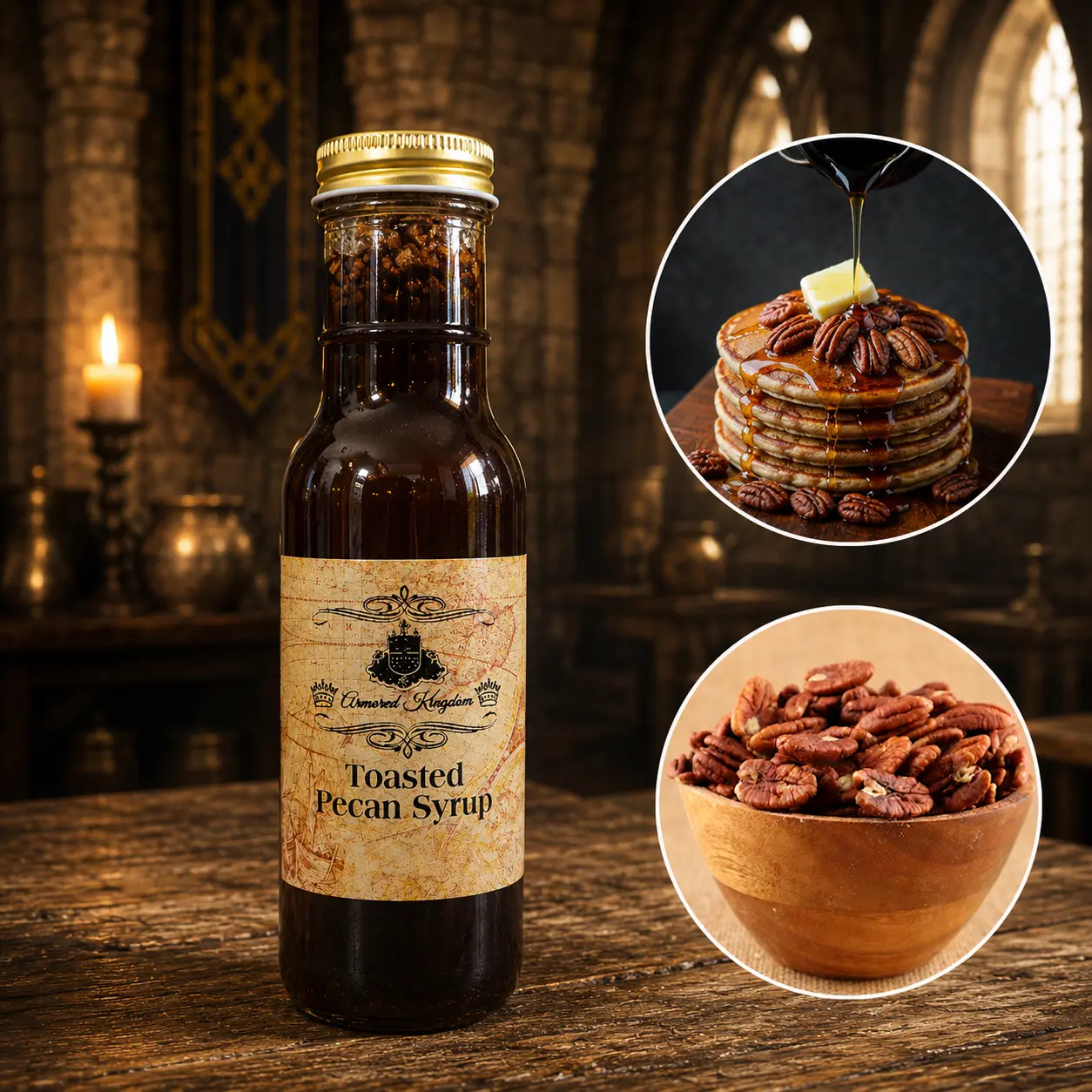 The Armored Kingdom Organic Gourmet Sweet Toasted Pecan Syrup - Nut-Infused, Rich Nutty Flavor, Gluten-Free, Low Sodium, Nuts-Infused, Glass Bottle, Ambient, 4 Years Shelf Life, Perfect for Breakfast Classics, Syrups & Concentrates, 8Oz