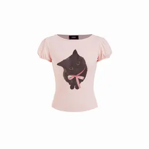 Cider Cotton-blend Cat Print Boat Neck Puff Sleeve Top