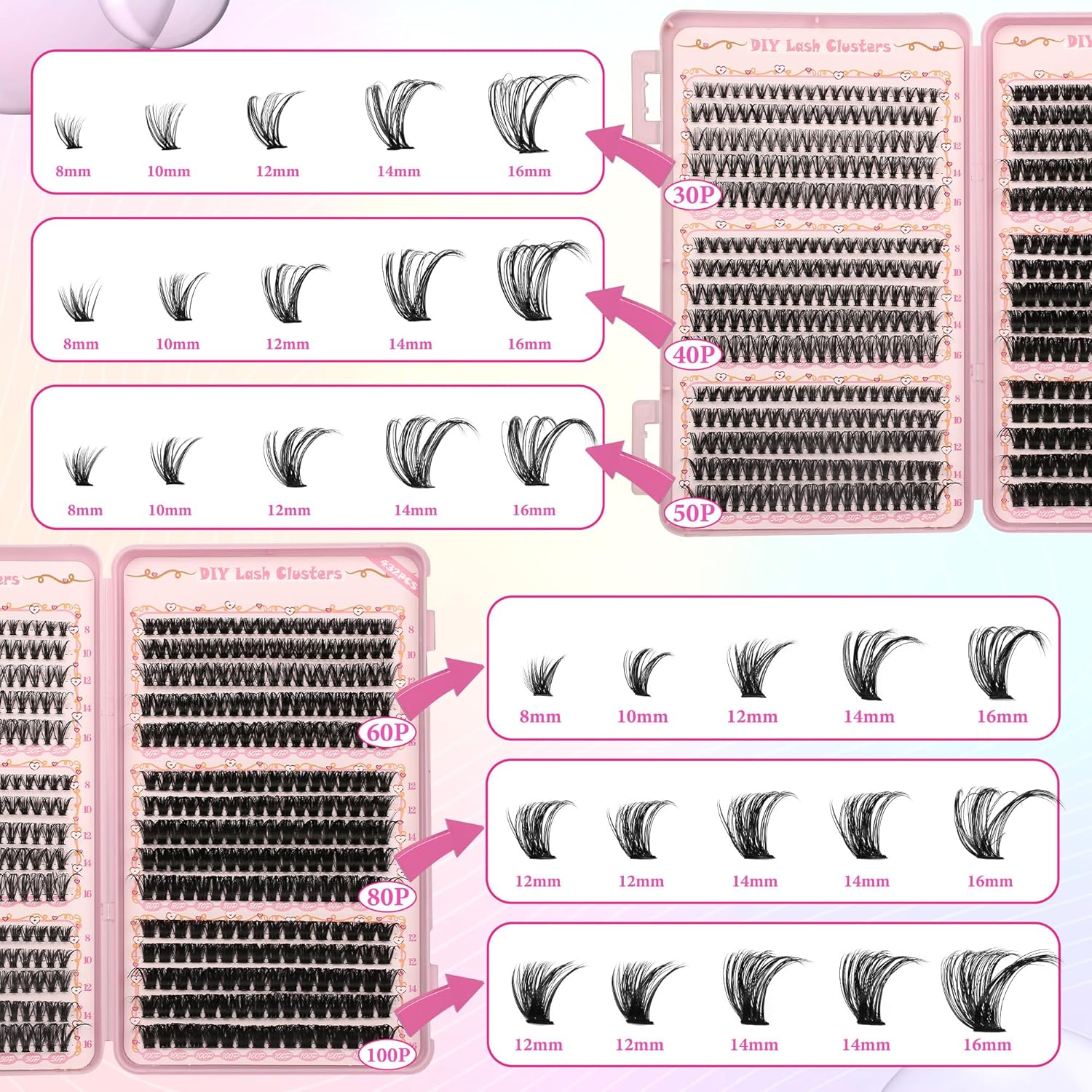 DIY Lash Clusters Kit,Lash Clusters Wispy Lash Clusters Kit 570Pcs Lash Extension Kit Volume,8-16mm DIY Individual Lashes Clusters Thin Band Eyelash Extension Kit with Electric Eyelash Curlers,Heated Eyelash Curler,Lash Glue,Lash Tweezers,Glue,Remover