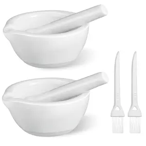 2 Sets Mini Porcelain Mortar and Pestle Set Porcelain Herb Grinder Crusher Grinding Bowl Kitchen Mixing Grinding Bowl with 2 Pieces Brushes for Seasonings, Sesame, Herbs, Medicine(60 mm)