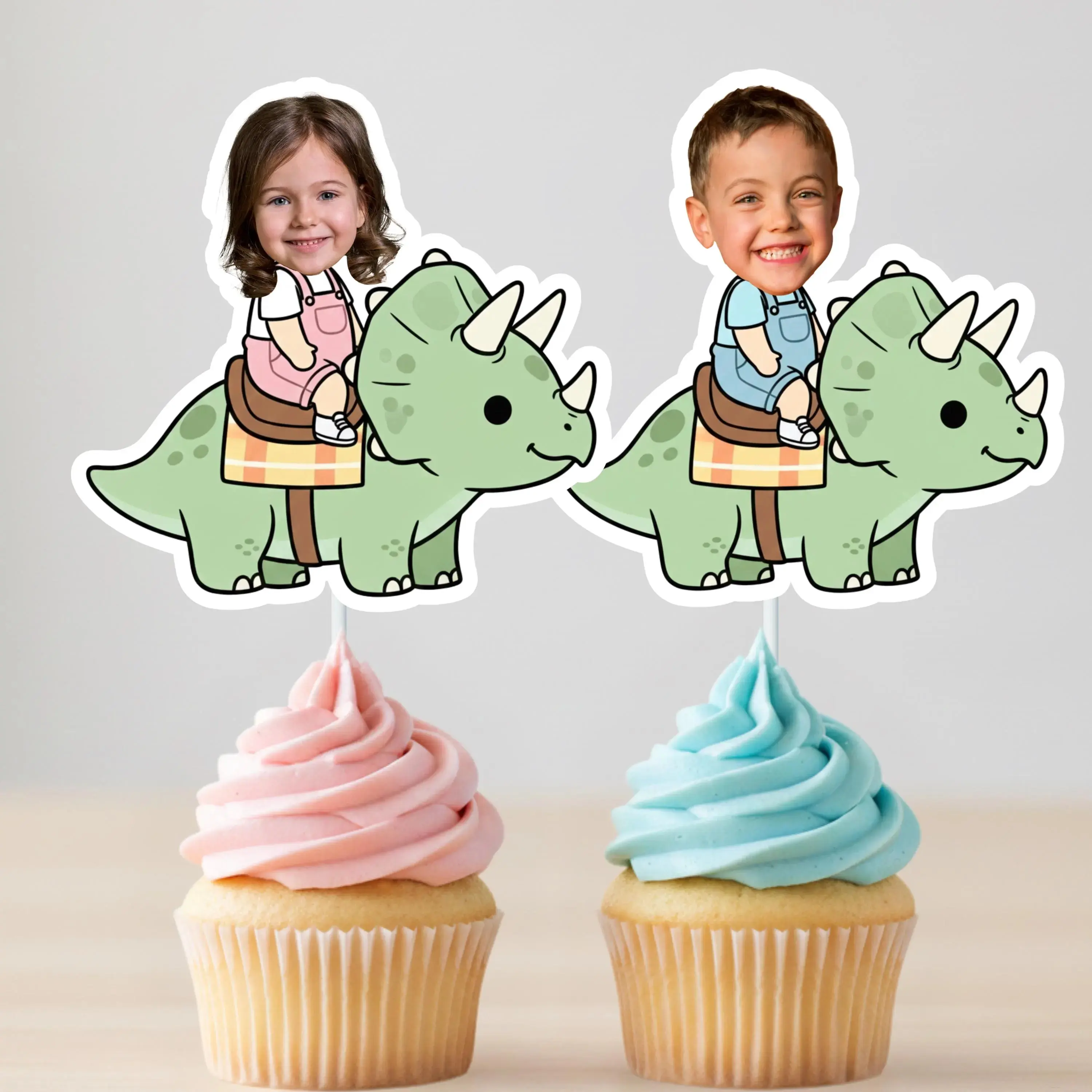 Dinosaur Rider Photo Cupcake Toppers – Personalized Roar Birthday Decor
