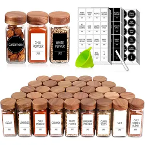 48  Jars with 547 Labels and Shaker  - Glass - 4 Oz Square Containers with Acacia  , Chalk Pen, Funnel Seasoning Jars for  Rack, Cabinet, or Drawer