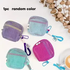 Handheld Macaron Color Dual-Layer Mesh Makeup Bag with Hanging Rope Zipper, Travel Organizer for Cosmetics and Small Items, Makeup Storage Bag