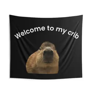 1pc Capybara "Welcome to My Crib" Landscape Graphic Horizontal Wall Hanging Tapestry - Hand-Sewn, Soft Neat Stitching, Machine Washable Home Wall Decor