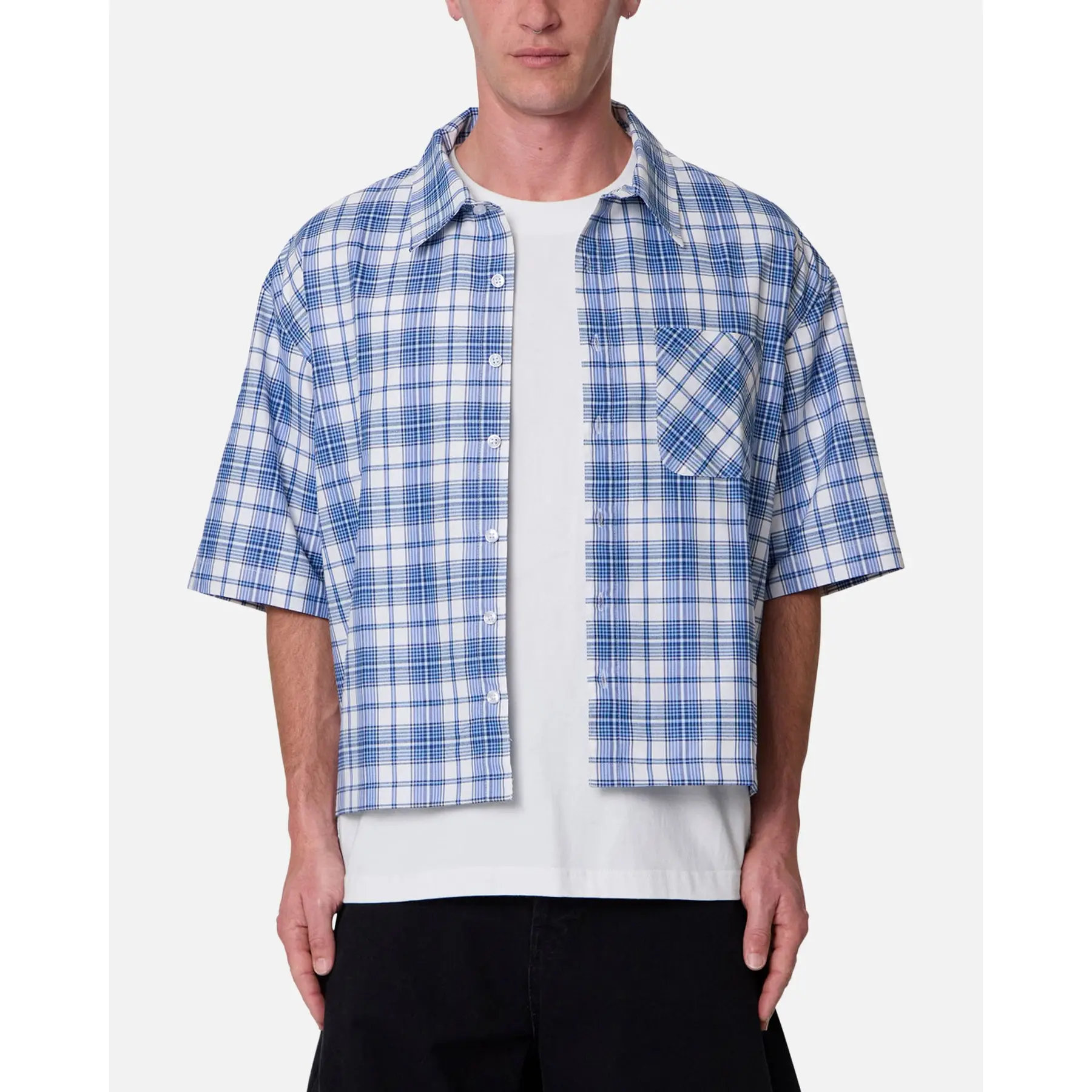 MNML Crop Flannel Short Sleeve Shirt Blue