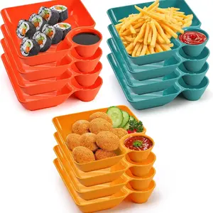 3 pcs Plastic Dumpling Plate with Sauce Compartment, Square Sushi Plate, Appetizer Tray, Taco Salsa, Fruit, Ready-To-Eat Dip Dish, Elegant Plastic Plates