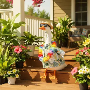 Plastic Hawaiian Luau Goose Decor Outfit with Hat and Sunglasses, Fresh Floral Style Garden Decor Gift