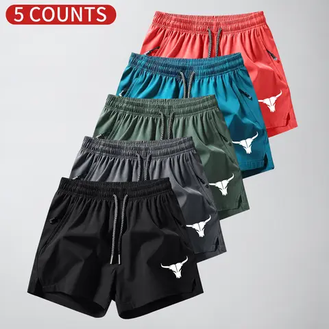Men's 5-Pack Bull Print Pocket Shorts - Elastic-Waist, Breathable Synthetic Fabric, Fitted Cut, Above-the-Knee Athletic Casual Summer Bottoms, Fashion Activewear Type, A Type