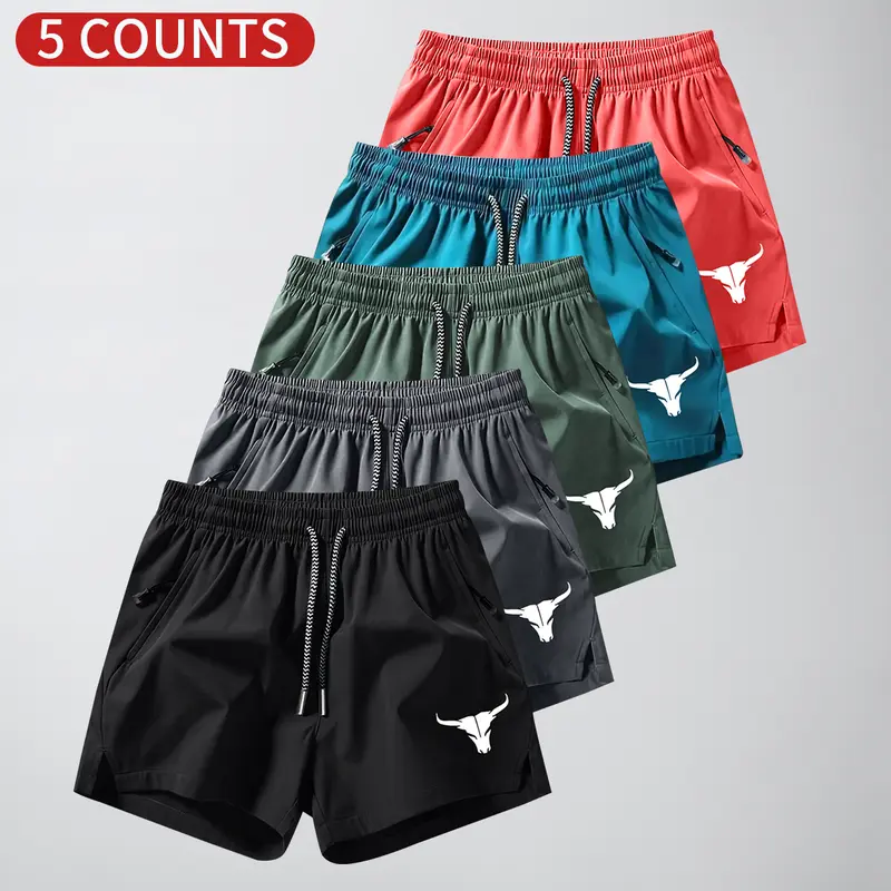 Men's 5-Pack Bull Print Pocket Shorts - Elastic-Waist, Breathable Synthetic Fabric, Fitted Cut, Above-the-Knee Athletic Casual Summer Bottoms, Fashion Activewear Type, A Type