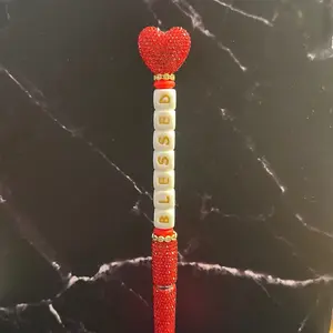 Rhinestone Pen with 'BLESSED' Beads Red and Gold Accents for Stylish Writing