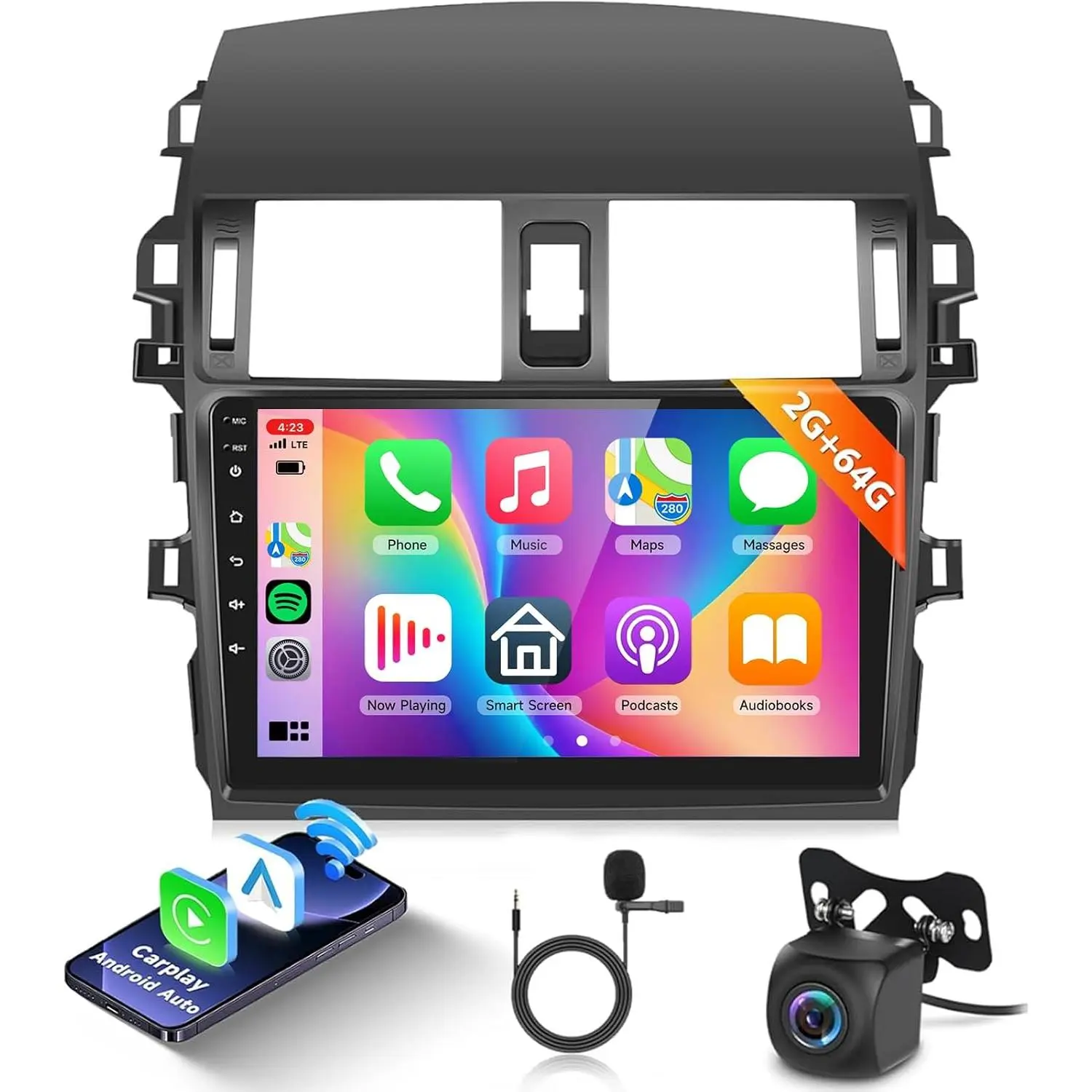 RIMOODY Car Media Player with Car Monitor Screen for Toyota Corolla 2009-2013, 9in 1080P HD IPS Touch Screen, 2G+64G, Wireless CarPlay, Android Auto, MirrorLink, 5.0 Bluetooth, FM RDS, GPS, 28UIs, WiFi, AHD Backup Camera, Father's Day Gift, Carplay Wirele