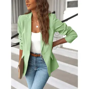 Solid Lapel Blazer Jacket, Casual Long Sleeve Work Office Outerwear With Pockets - Women's Clothing - For Work, Office, or Casual Wear Perfect Gift for Business Professionals Womenswear Button Coats Fabric Spandex Tops Comfort Gami Basic Fitted