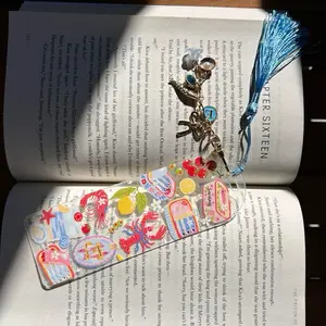 Coastal Sardine Picnic Clear Acrylic Bookmark Summer Seafood Girl Design with Blue Tassel and Nautical Charms