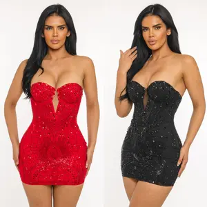 Starlight Rhinestone Strapless Bodycon Mini Dress – Red & Black | Luxury Sparkle Party Dress