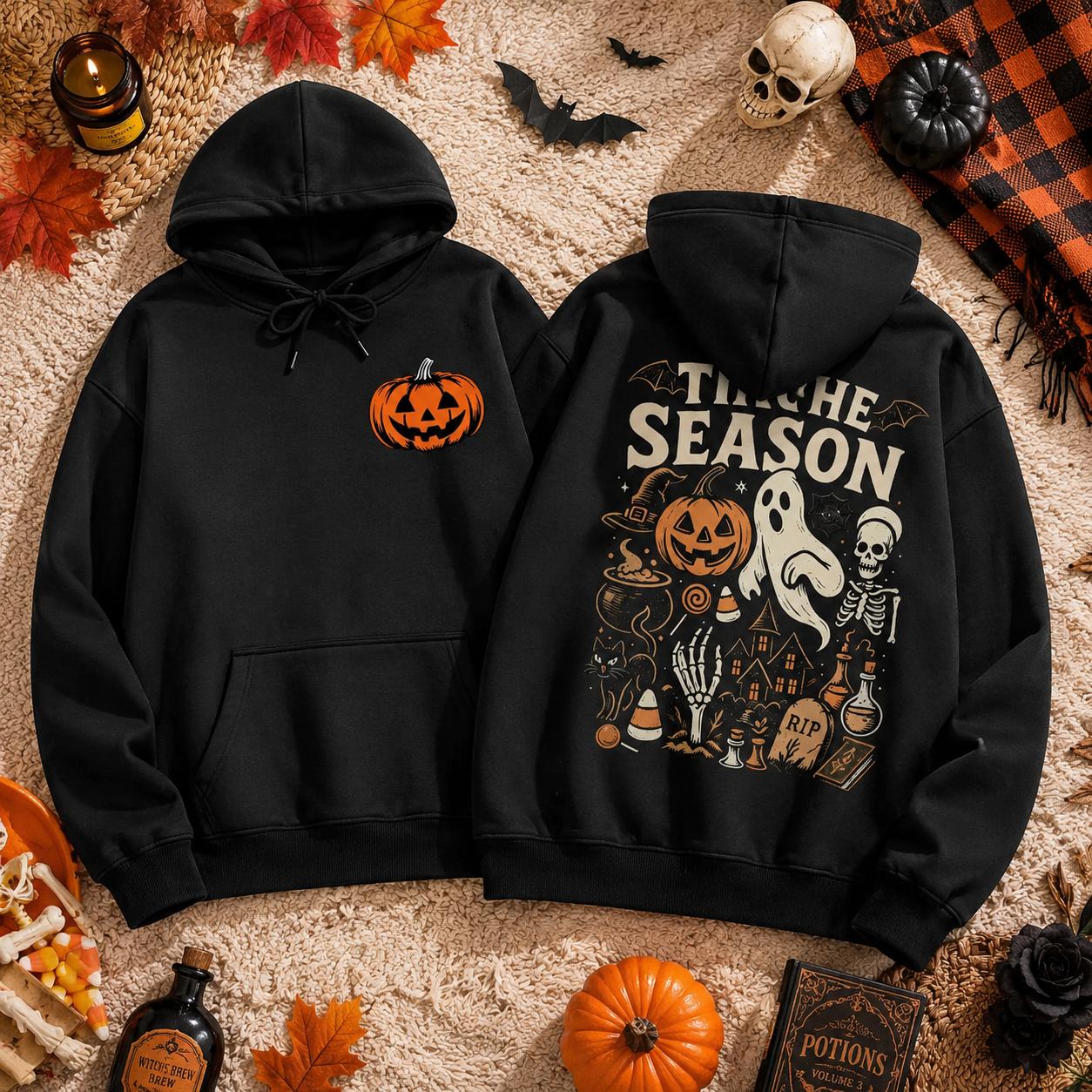 Halloween Spooky Season Graphic Hoodie, Pumpkin Ghost Skeleton Front and Back Print Pullover Sweatshirt, Vintage Horror Long Sleeve Streetwear Hoodie for Halloween Party, Fall and Daily Wear