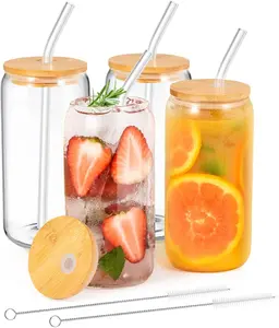 4PCS Glass Cups with Lids and Straws - 16Oz Drinking Glasses-Glass Coffee Cups with Lids and Straw-Cute Coffee Cups