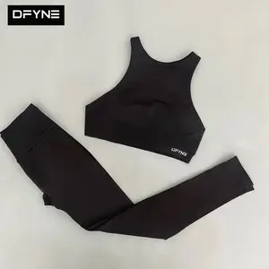 DFYNE Seamless Strappy Tank Top & Leggings Set| Padded Criss-Cross Backless Longline Sports Bra with High Waisted Yoga Pants 2-Piece Outfit