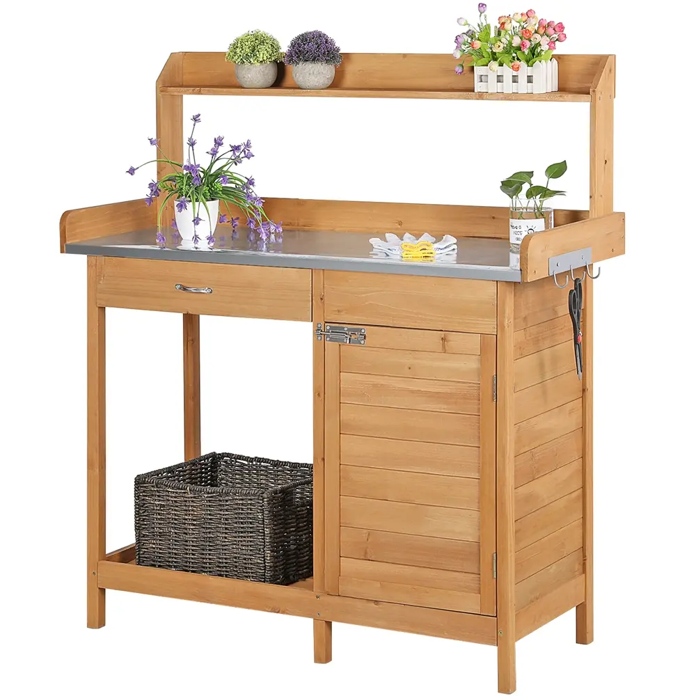 Yaheetech Patio Outdoor Metal Top Potting Bench - Garden Workbench with Cabinet, Drawer, and Open Shelf for Organizing
