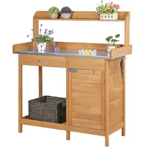 Yaheetech Outdoor Potting Bench Table Garden Work Bench Metal Tabletop with Cabinet Drawer and Open Shelf