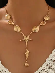 Women's Oceanic Shell Starfish Necklace, Summer Fashion Lockbone Chain, Beach Vacation Accessory, Pendant, Beach Jewelry