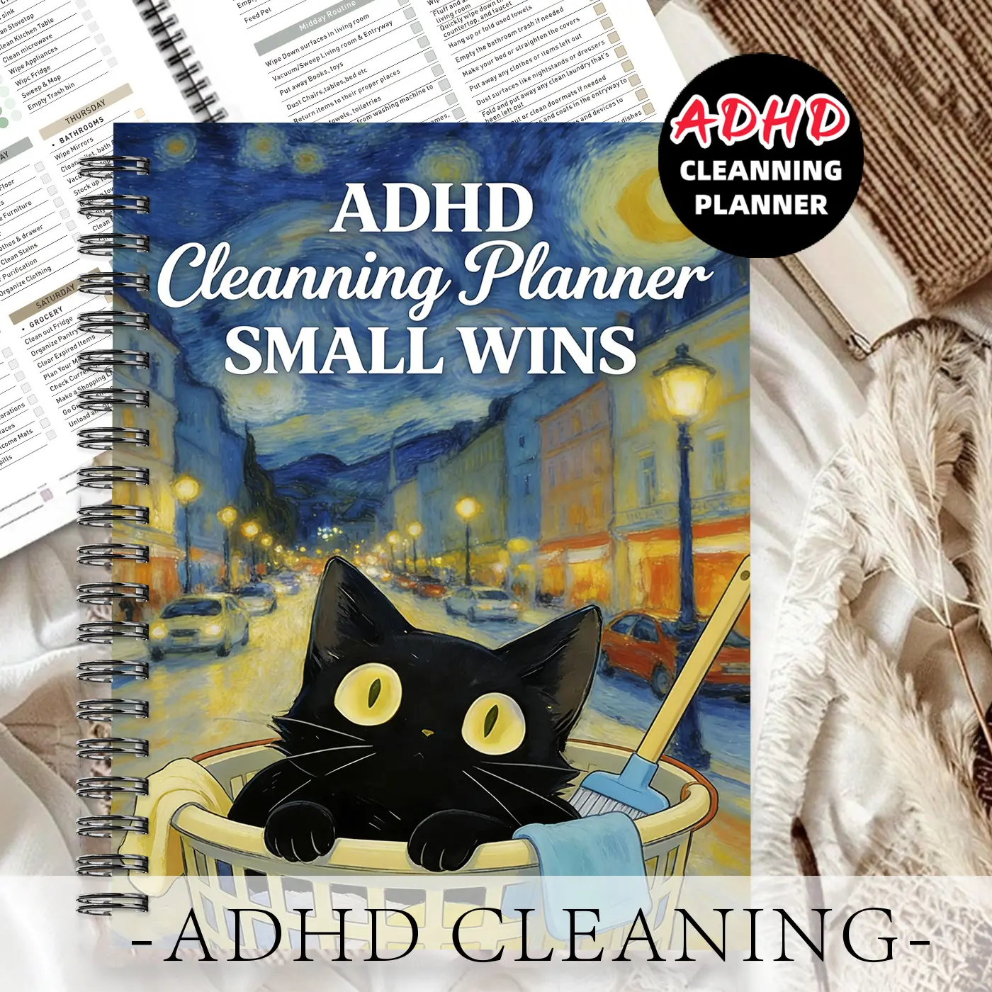 1pc ADHD Cleaning Planner Themed Academic Notebook,City Nightscape Style-for Housewives,with Black Cat,Tool Basket, and Street Scene Patterns. Motivational Journal, Progress Tracking Notebook.Task Initiation, Achievement Celebration.5.5x8.3 Inch Notebook