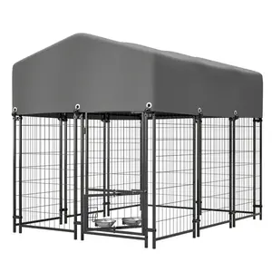 Outdoor Dog Kennel, 4.23'x5.82'x4.83' Heavy-Duty Welded Wire Enclosure, UV-Resistant Waterproof Cover, Double Lock, Rotating Feeder