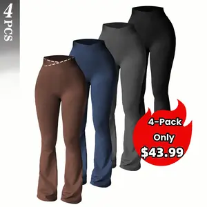 TCVC Women's Criss-Cross Waist Flare Pants, High Elasticity Polyester Solid Color Sports Yoga Pants, Criss-Cross Waist Casual Long Pants, Solid Color Skinny Workout Leggings Suitable For Spring & Summer, Knit Fabric Wide Leg Pants Suitable For Fitness