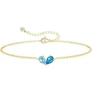 Valentine's Day Gift Gold Bracelets for Women Dainty 2 Birthstones Heart Charm Bracelet Non Tarnish 14K Gold Plated Red CZ Bracelets for Bridesmaid Mother and Daughter Anniversary Birthday Gift