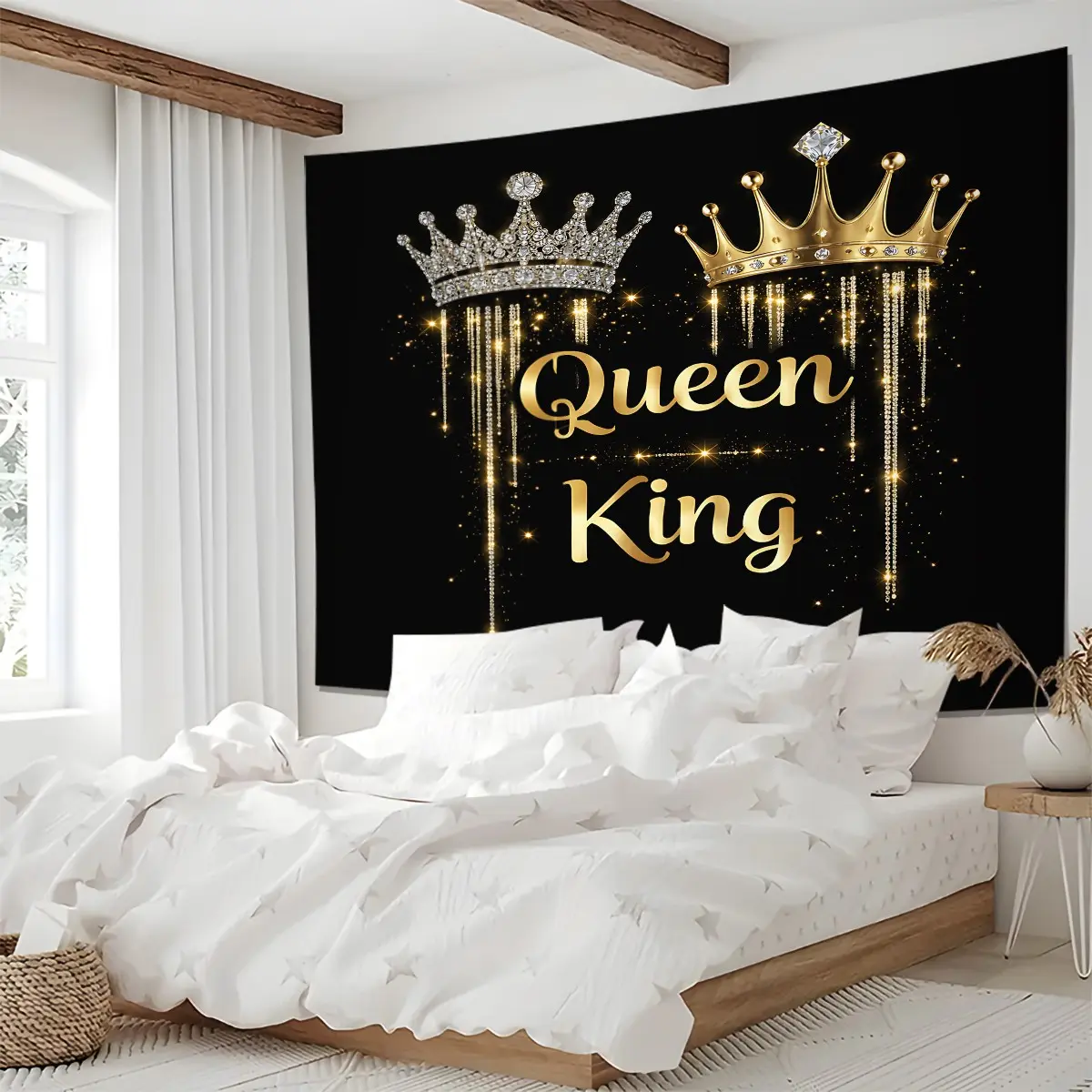 King Queen Crown Tapestry, Black Gold Glitter Wall Hanging Tapestries, Romantic Sparkle Wall Blanket Backdrop Decoration, Luxury Print Tapestry for Couples Bedroom Living Room Home Aesthetic, Bedroom Dorm Decor, Room Accessories