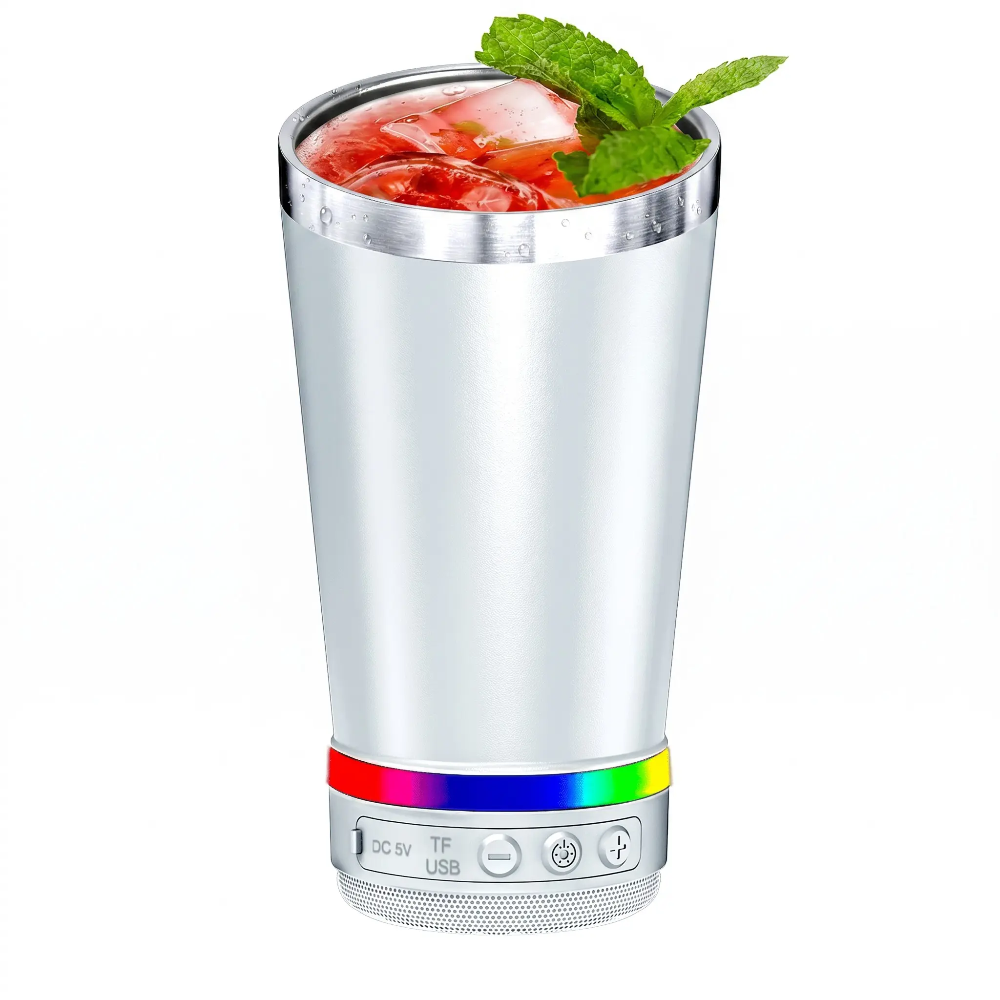 Bluetooth Speaker 16OZ Insulated Tumbler with lid, Stainless Steel Travel Mug with Detachable Wireless Speaker, LED Light, USB-C Rechargeable Music Cup for Camping, Party, Outdoor Use (WHITE)