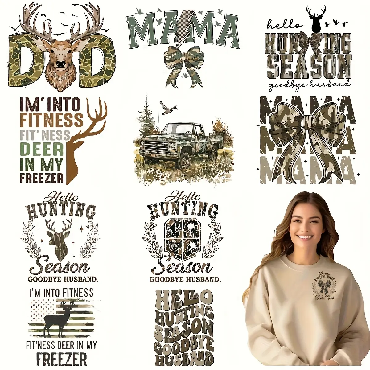 12pcs/set Multicolor Funny Hunting Sublimation Heat Transfer Vinyl Decals, Crafts, Diy Products, Diy Material, DIY Iron-On DTF Patches, Washable for T-Shirts, Jeans, Masks, Backpacks-Text Designs