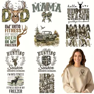 12pcs/set Multicolor Funny Hunting Sublimation Heat Transfer Vinyl Decals, Crafts, DIY Iron-On DTF Patches, Washable for T-Shirts, Jeans, Masks, Backpacks-Text Designs